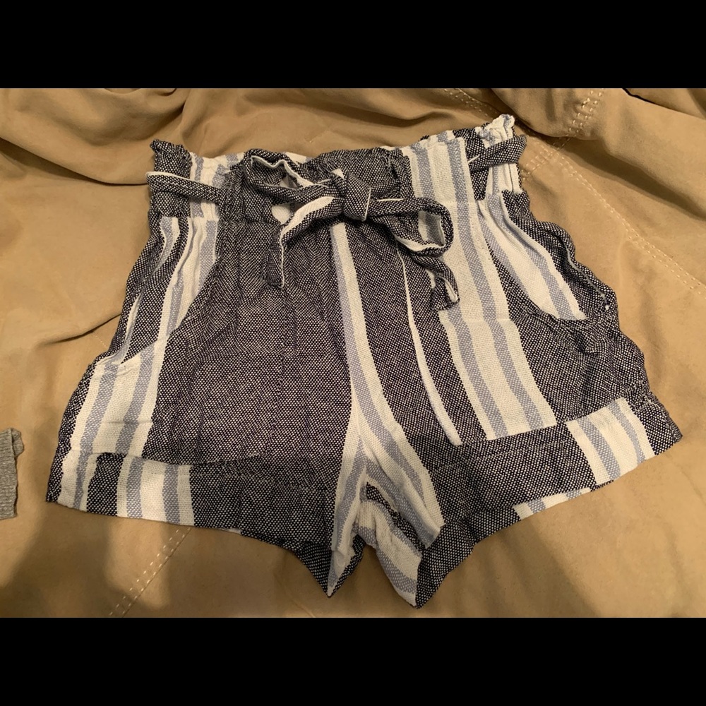 Blue and white paper bag shorts